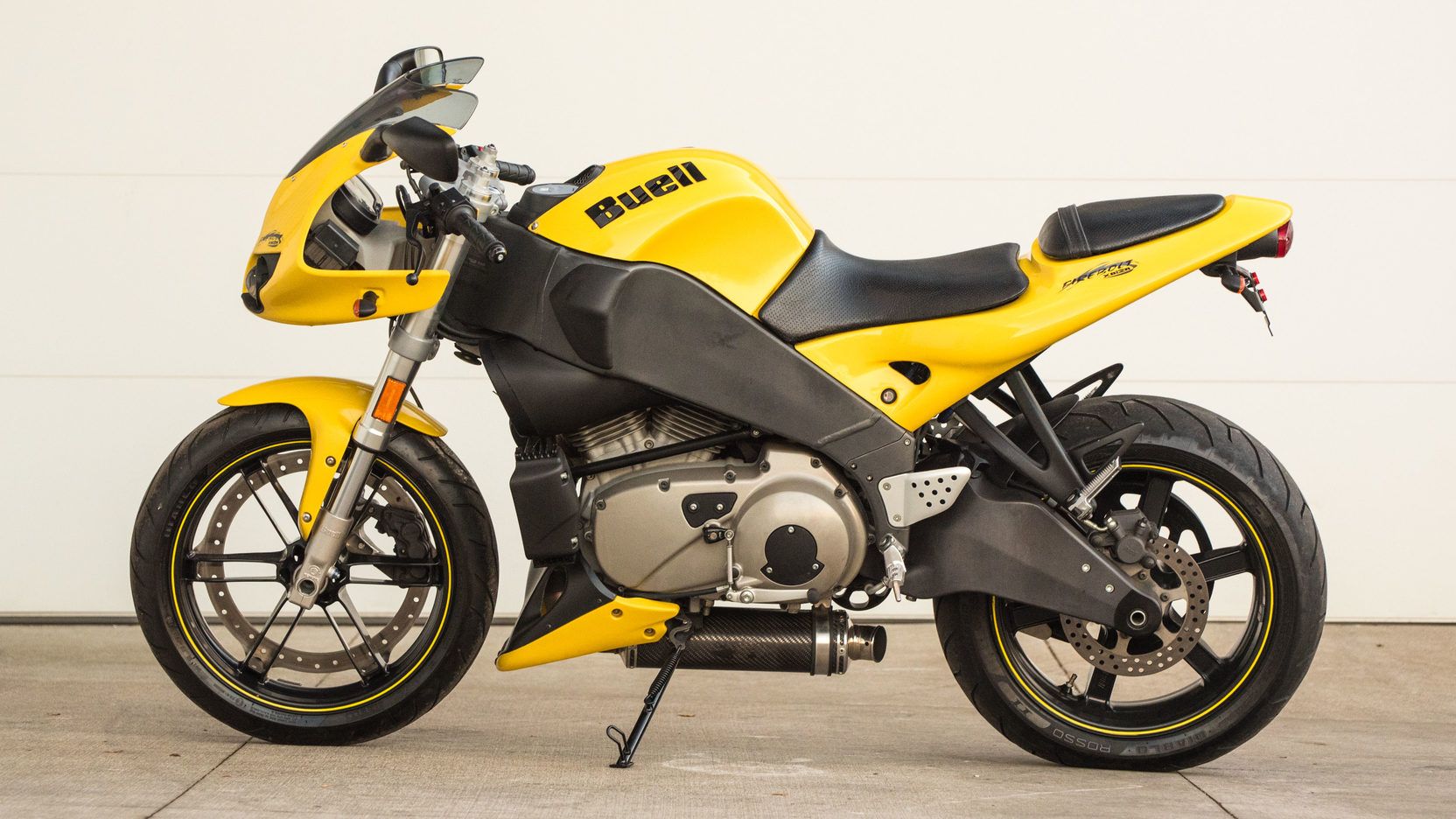 A yellow Buell Firebolt XB12R motorcycle