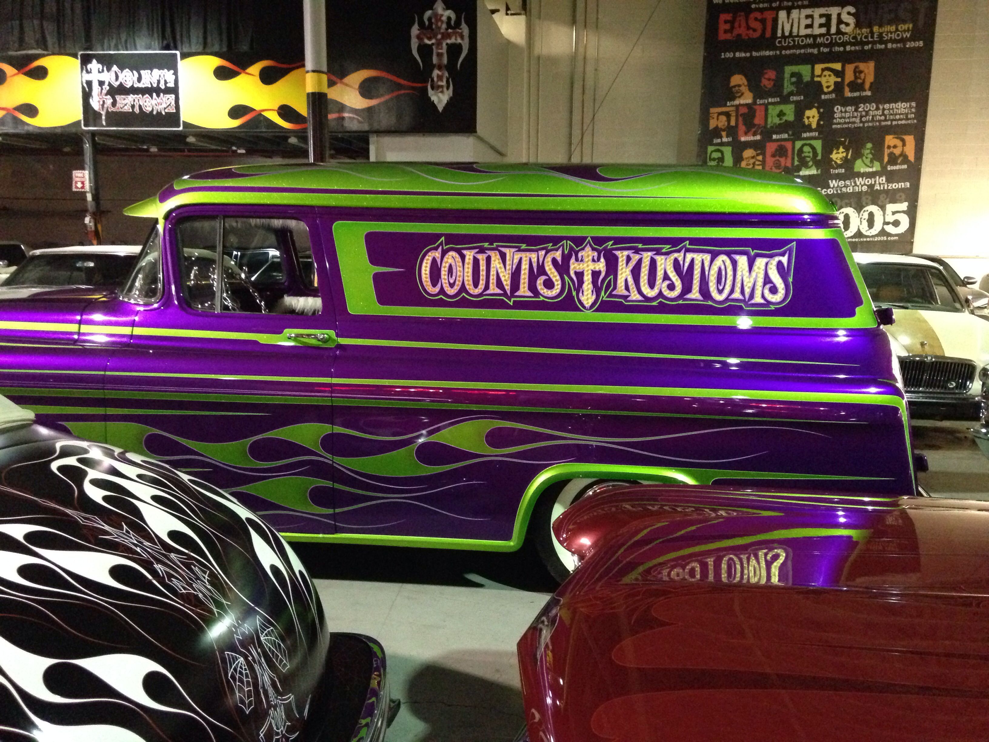 custom green and purple car with "Count's Kustoms" written on it