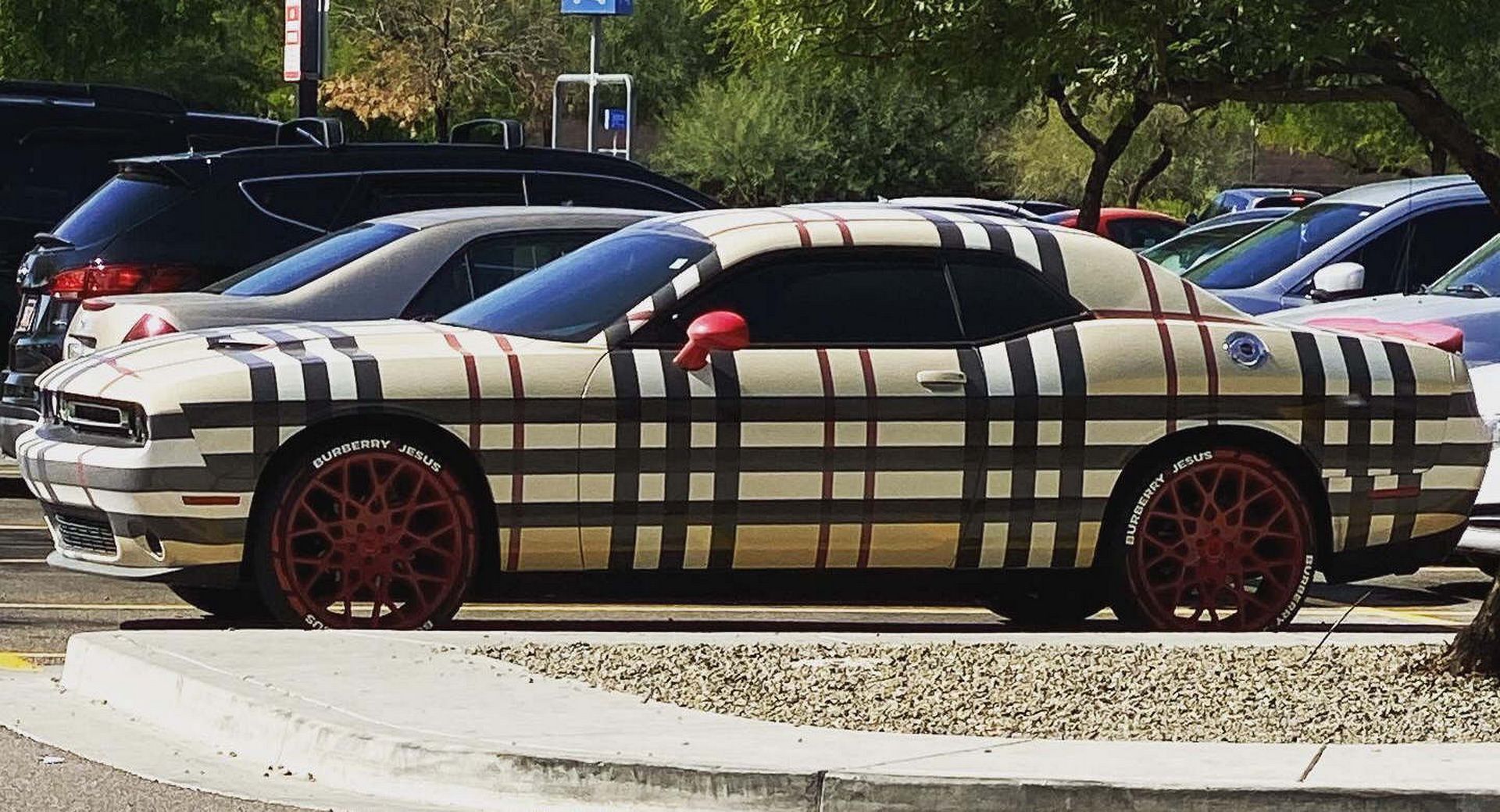 Dodge Challenger ugly burberry wrap aprked