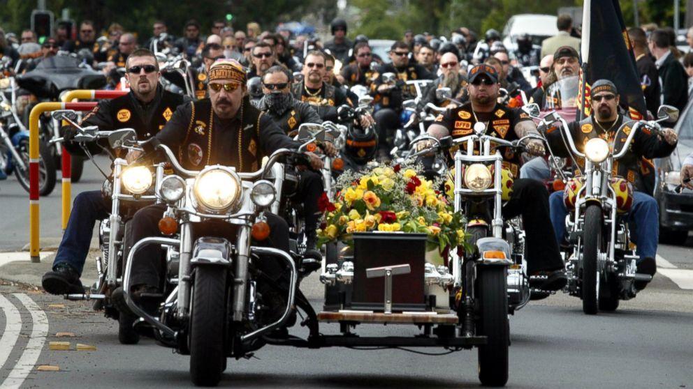 Members of the Bandidos Motorcycle Club are seen at the funeral service for Baididos leader Rodney Monk at St. Geralds Catholic Church in Carlingford, Australia, April 27, 2006