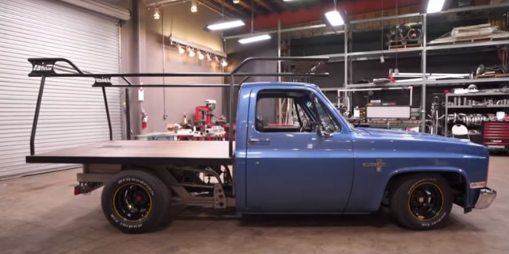 Modified C10 truck with Camaro stock car racing chassis