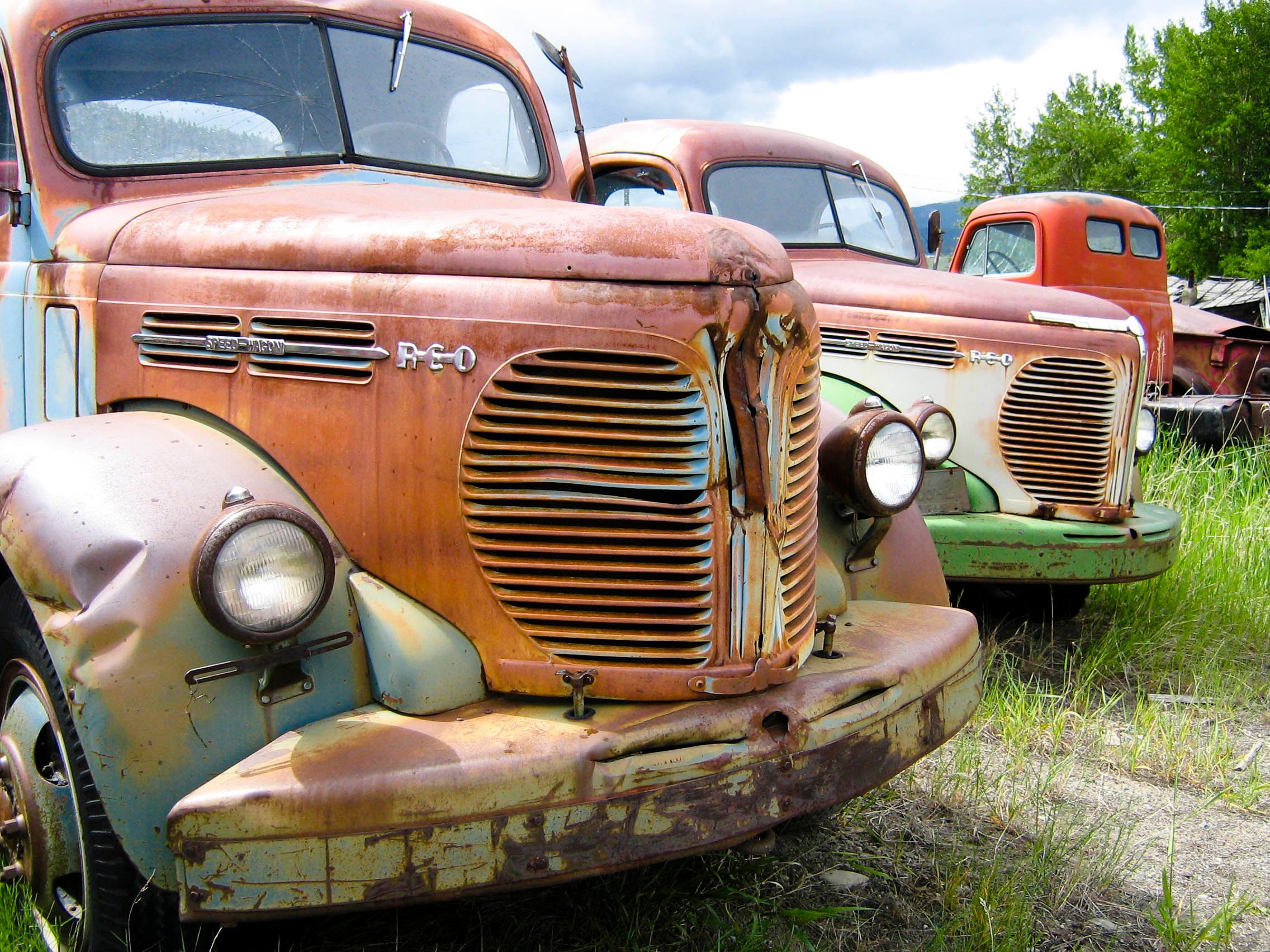 Vintage REO Speedwagon trucks rusting in junkyard