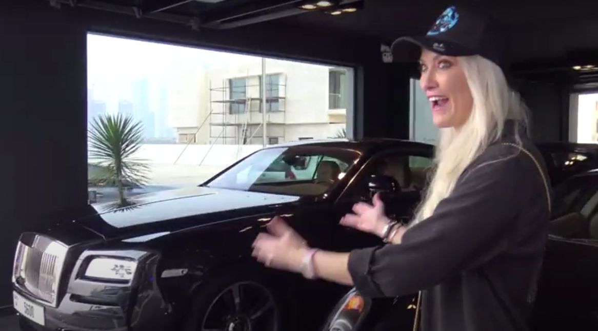Supercar Blondie shows off a Rolls Royce and a Ferrari at a Dubai mansion