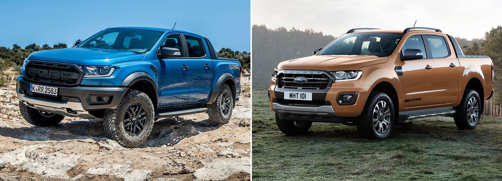 2020 Ford Ranger Raptor on the left, and 2020 Ford Ranger Wildtrak on the right