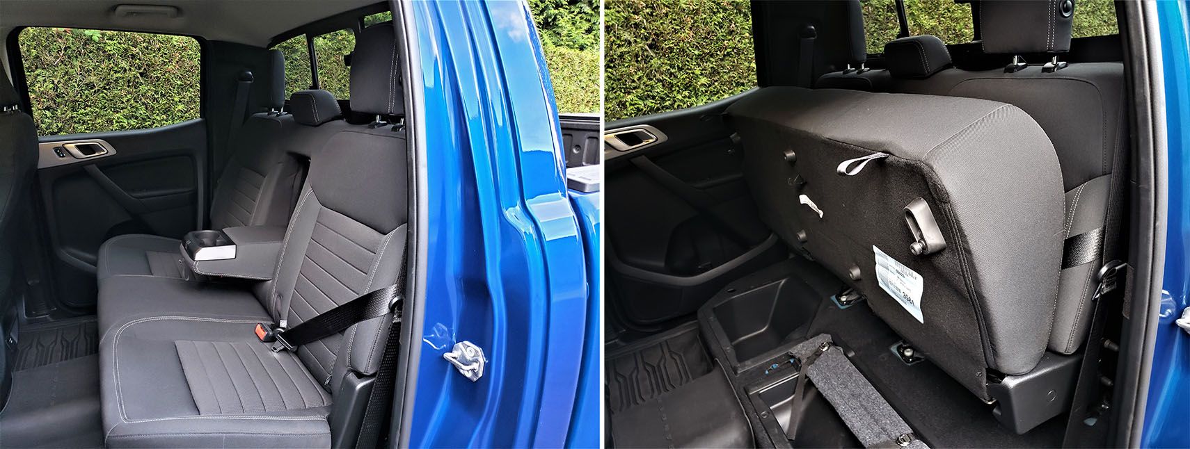 The 2020 Ford Ranger XLT SuperCrew 4x4's rear seating area with the seat down and bottom cushion flipped up to show maximum storage capacity.