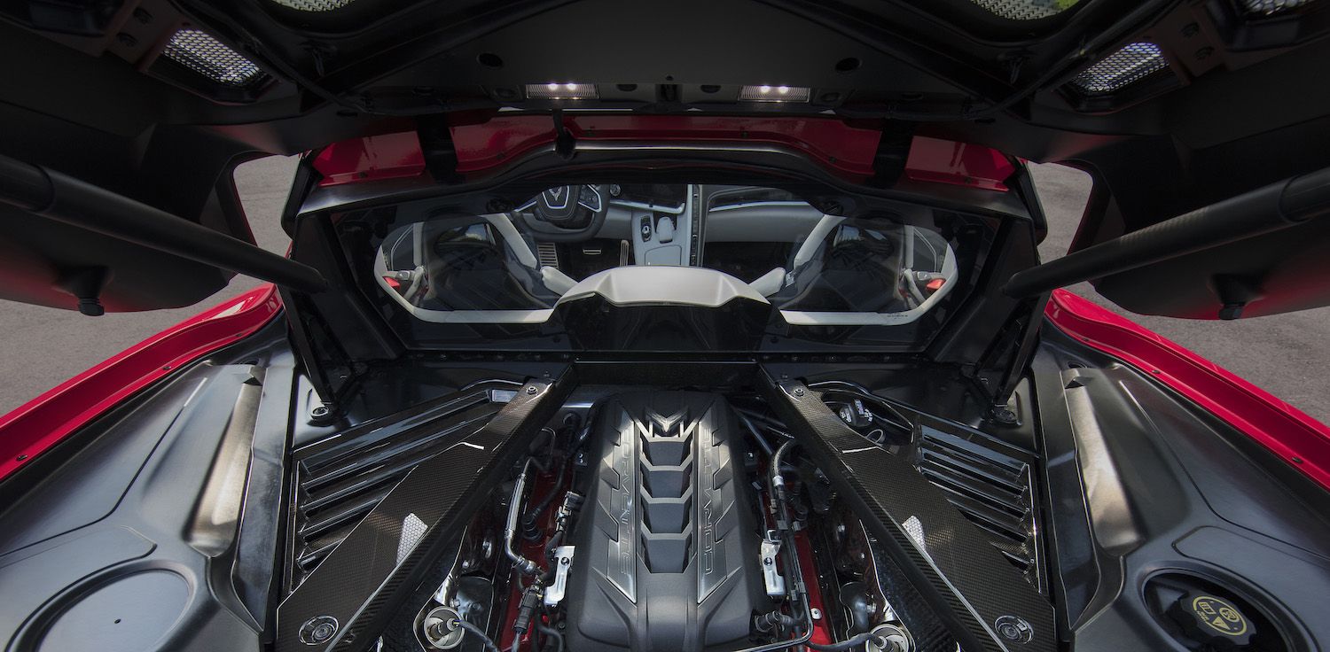 The exposed V8 engine in the Corvette C8