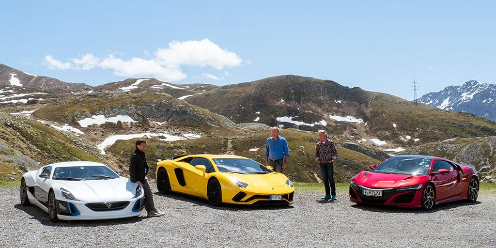 Jeremy Richard and Hammond with a Rimax Aventador and Rimax parked on a mountainside