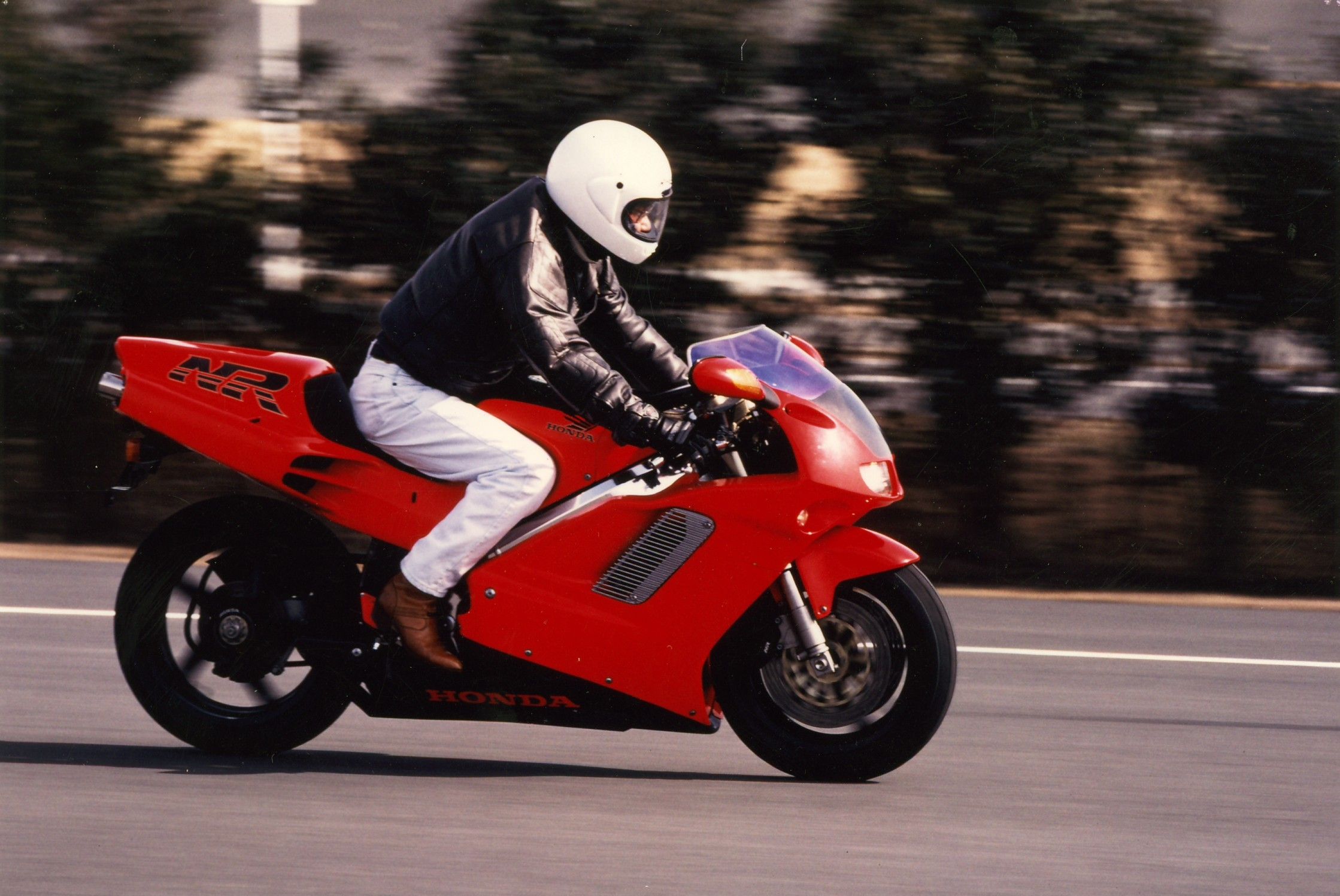 a rider on a Honda NR750 motorcycle