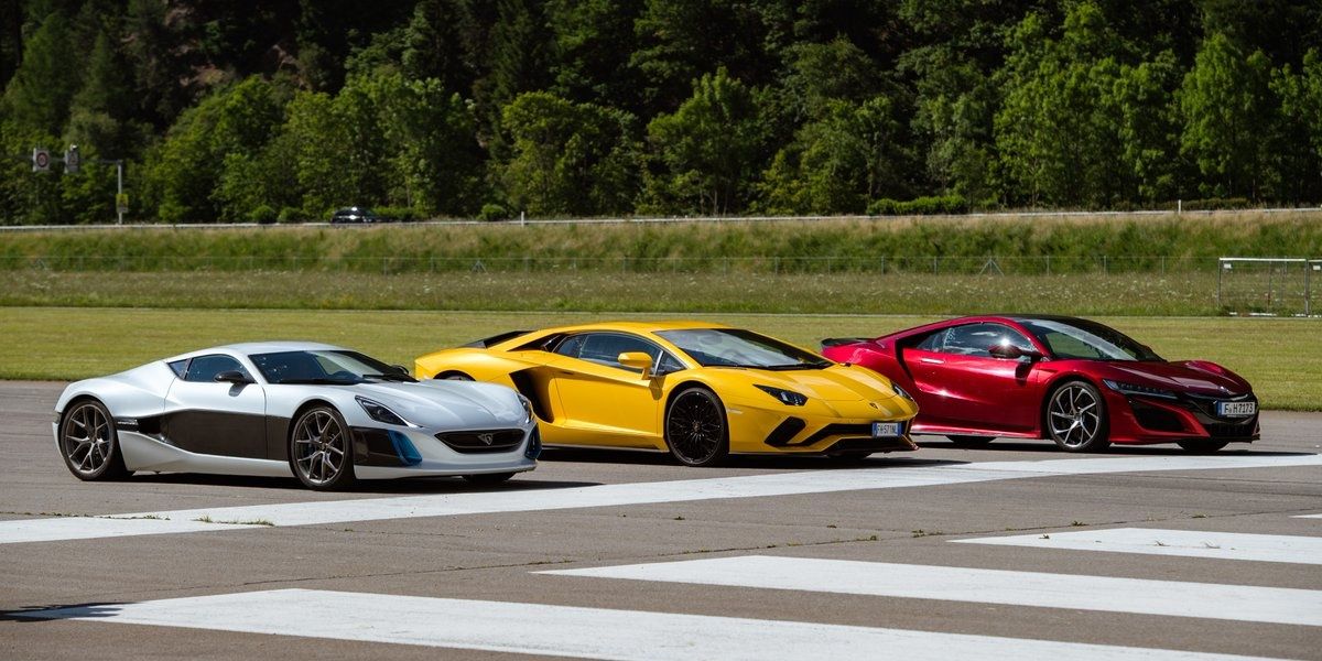 A NSX, Rimac and Aventador gearing up for a drag race on The Grand Tour Show