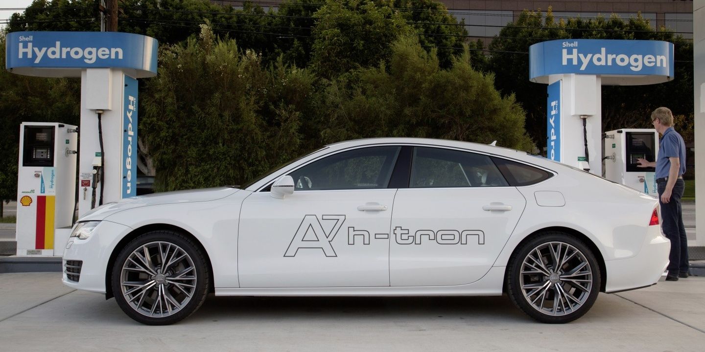audi a7 h-tron white hydrogen fuel cell station refueling