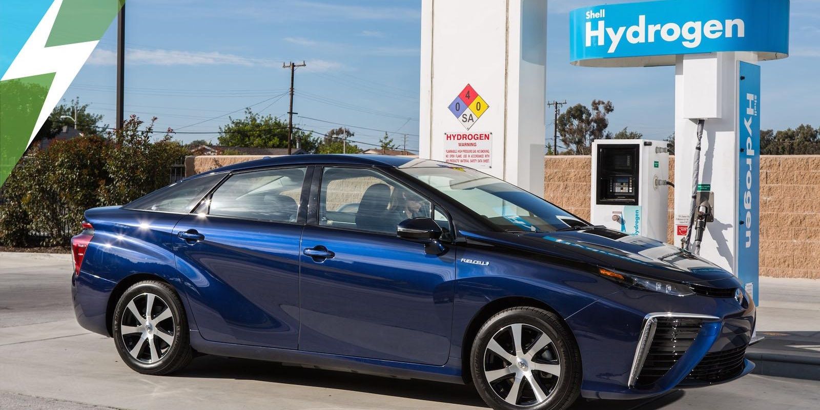 blue toyota mirai hydrogen fuel station