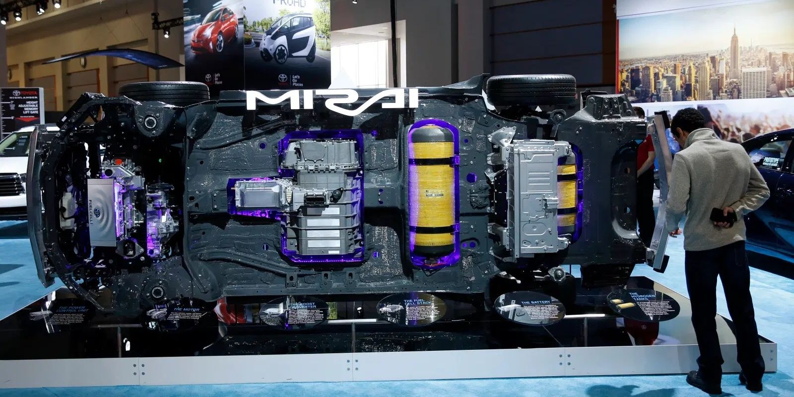 Toyota Mirai hydrogen fuel cell system undercarriage auto show