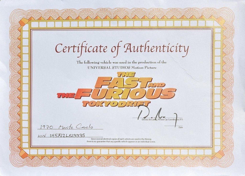 1971 Chevrolet Monte Carlo Tokyo Drift Certificate