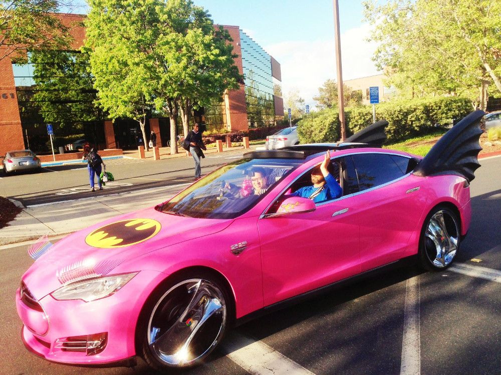 Sergey Brin's 2013 Model Tesla transformed into a pink car with Batman features as a result of an April Fool's prank.