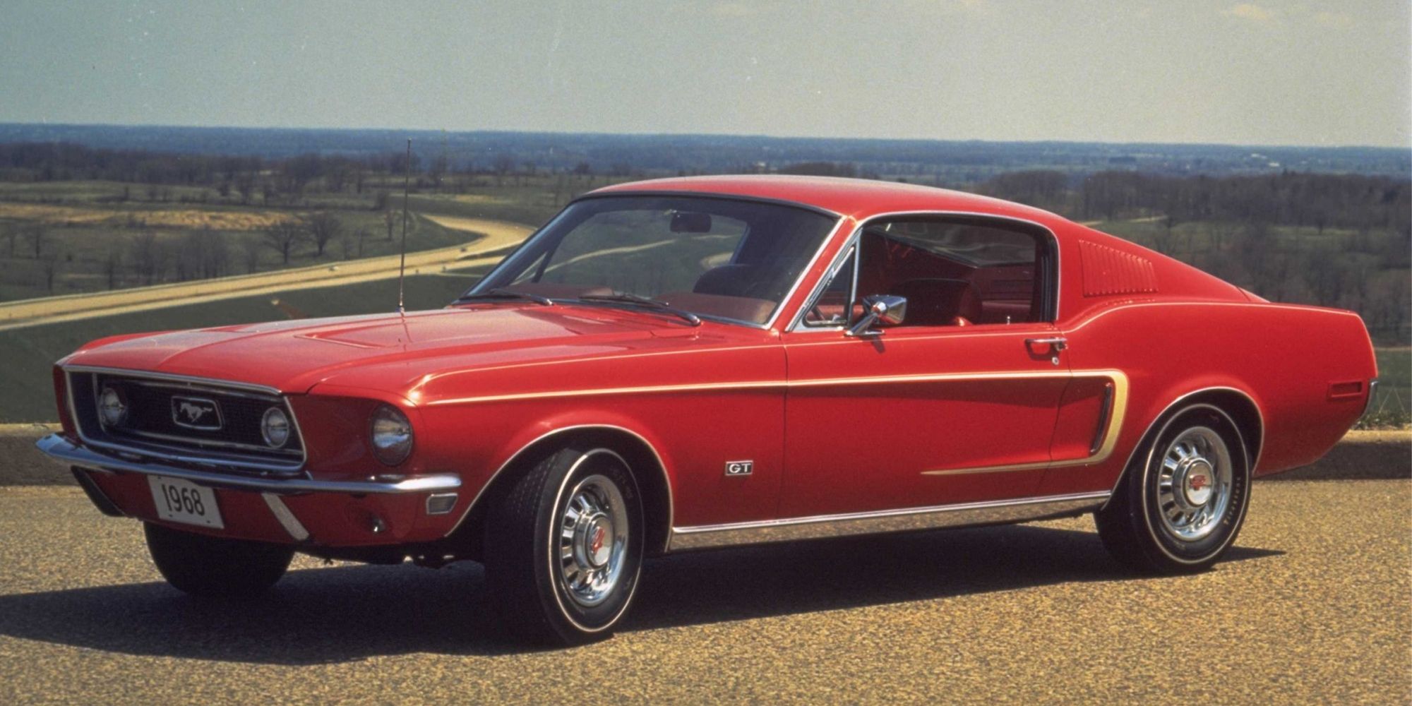 A red first-gen Mustang