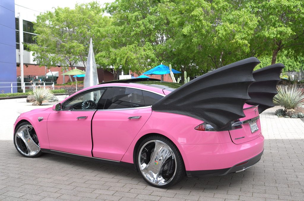 Brin's 2013 Tesla Model S stands parked after being transformed into a feminine batmobile during an April Fool's Day prank.