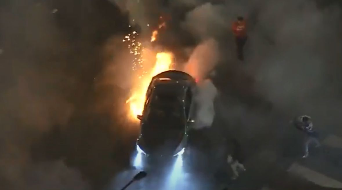 Car catches fire at a Los Angeles intersection