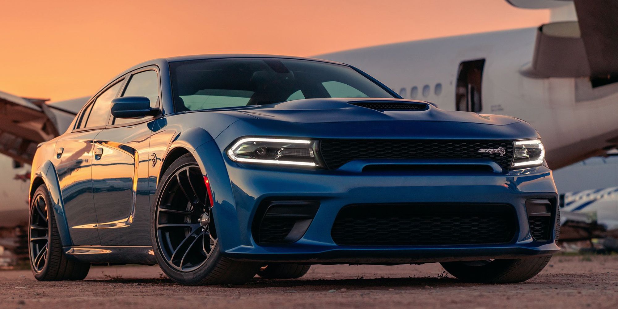 A blue Charger Hellcat, front view