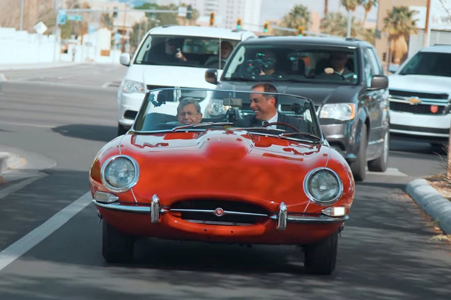 Lorne Michaels and Jerry Seinfeld ride in a 1955 Mercedes-Benz 300 SL Gullwing