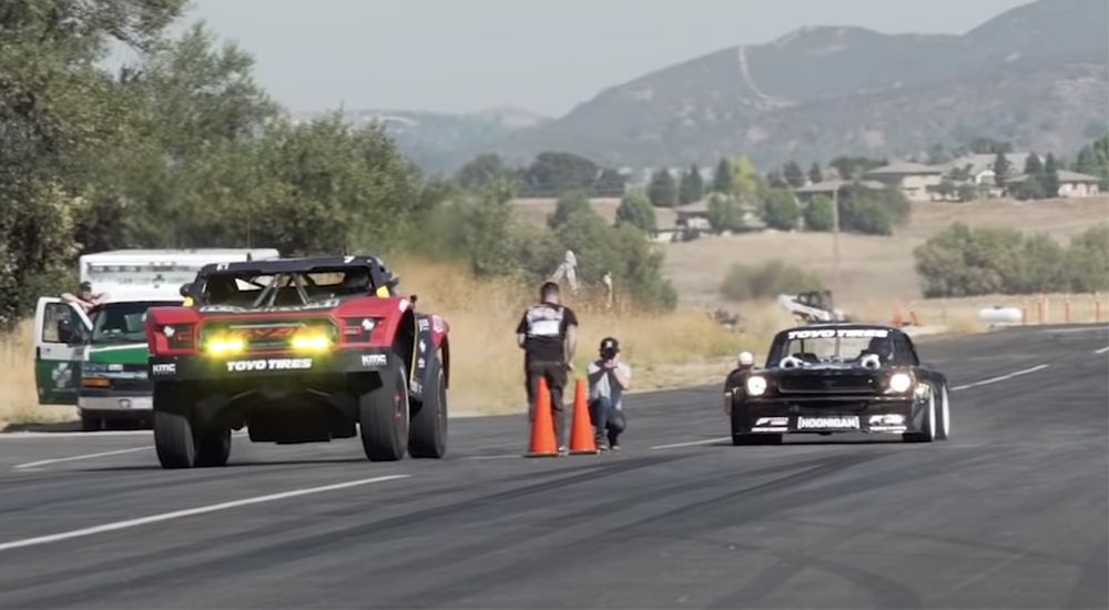 Menzies Trophy Truck gets an early start against the Mustang Hoonicorn in a drag race
