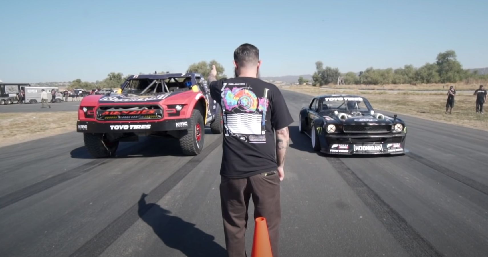 Menzies Trophy Truck lines up against the Mustang Hoonicorn in a drag race