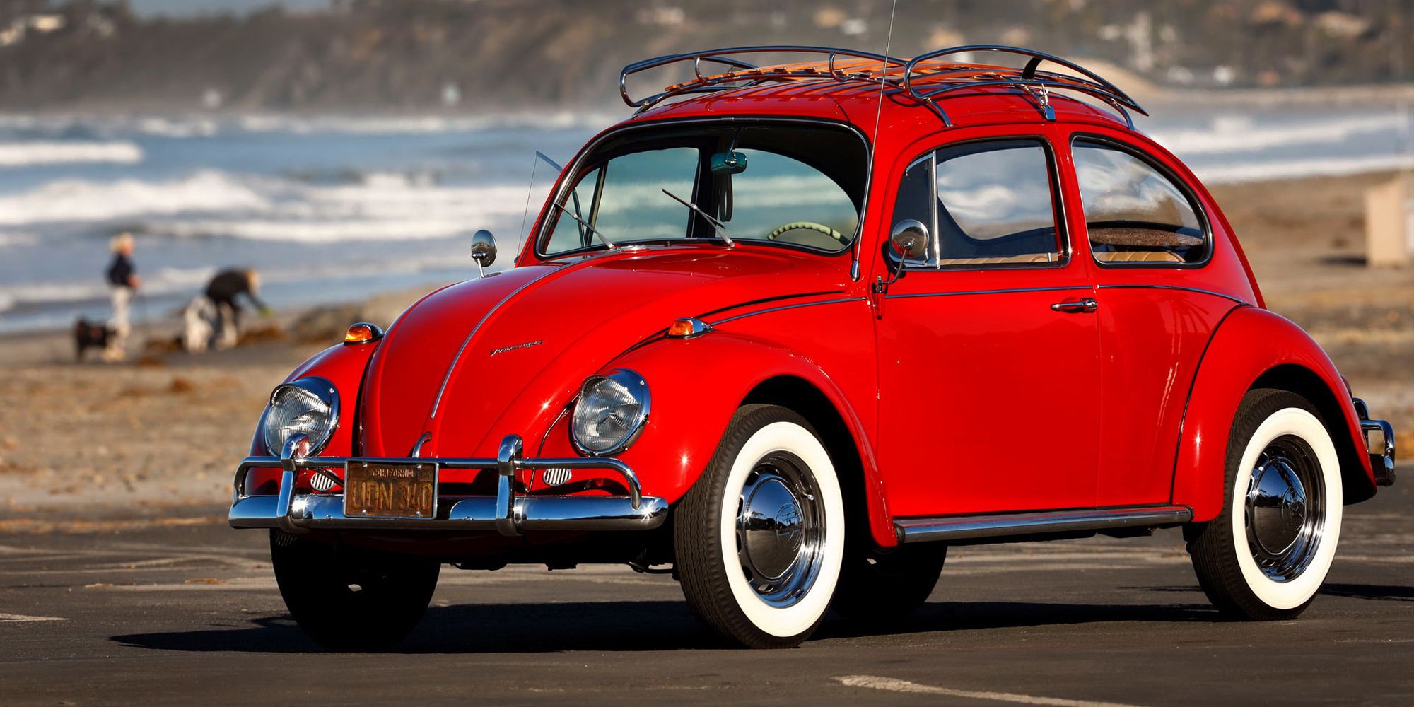 A red Beetle with a roof rack