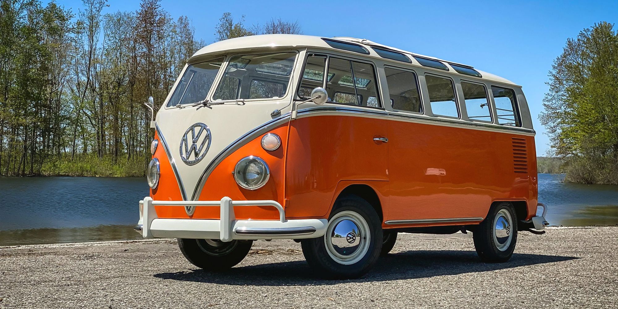A VW Bus in two-tone orange and white