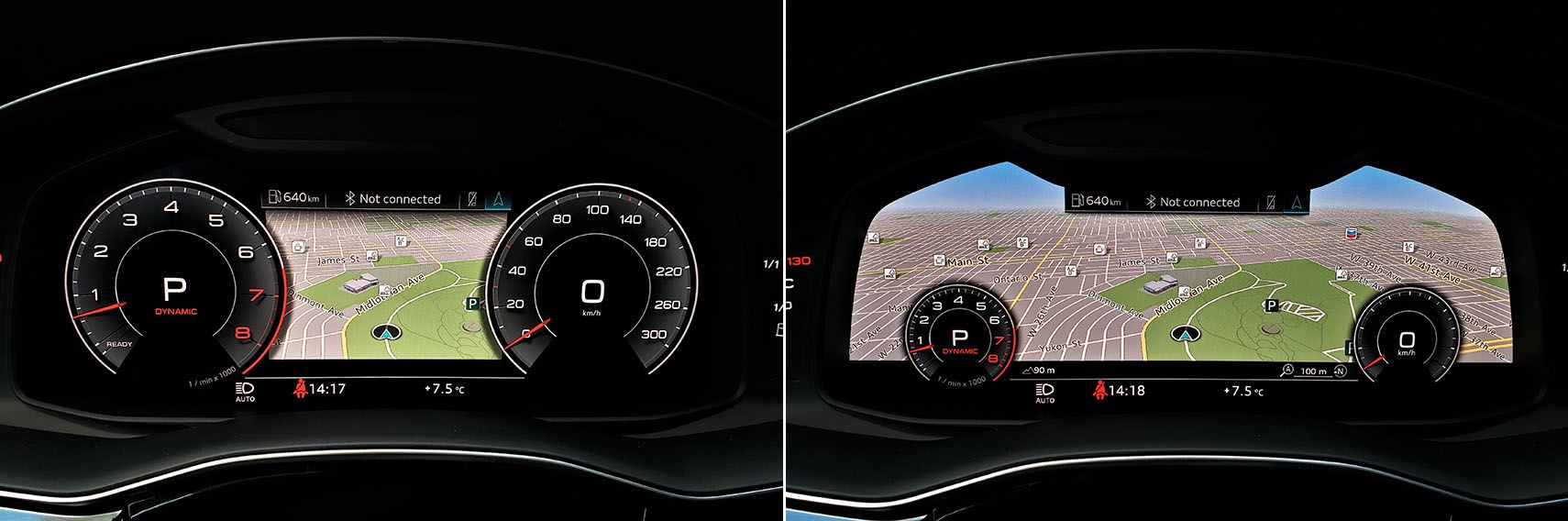 The Audi Virtual Cockpit shown in regular and expanded view option.