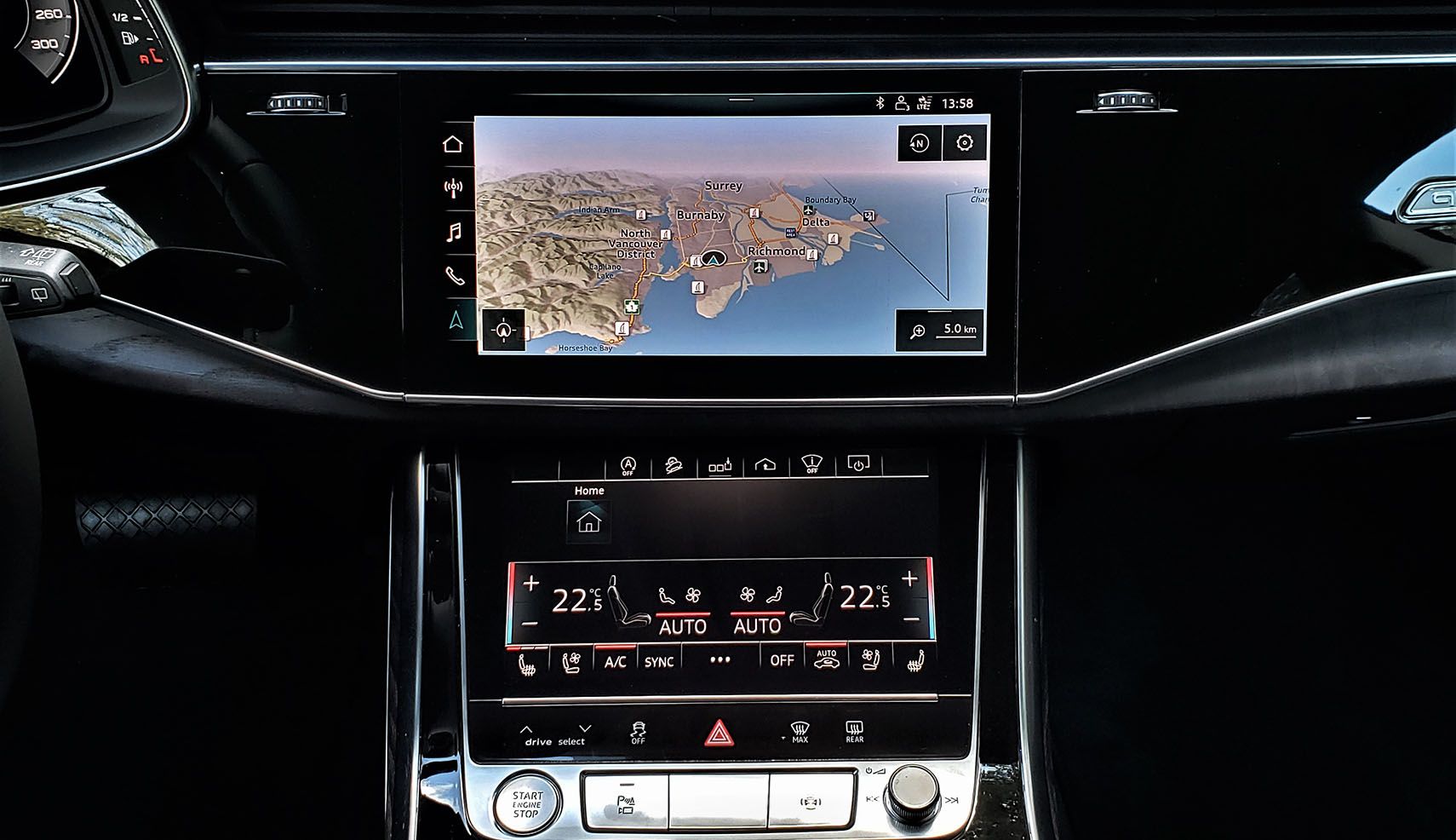 Audi's always impressive MMI is joined by a secondary HVAC control screen just below.
