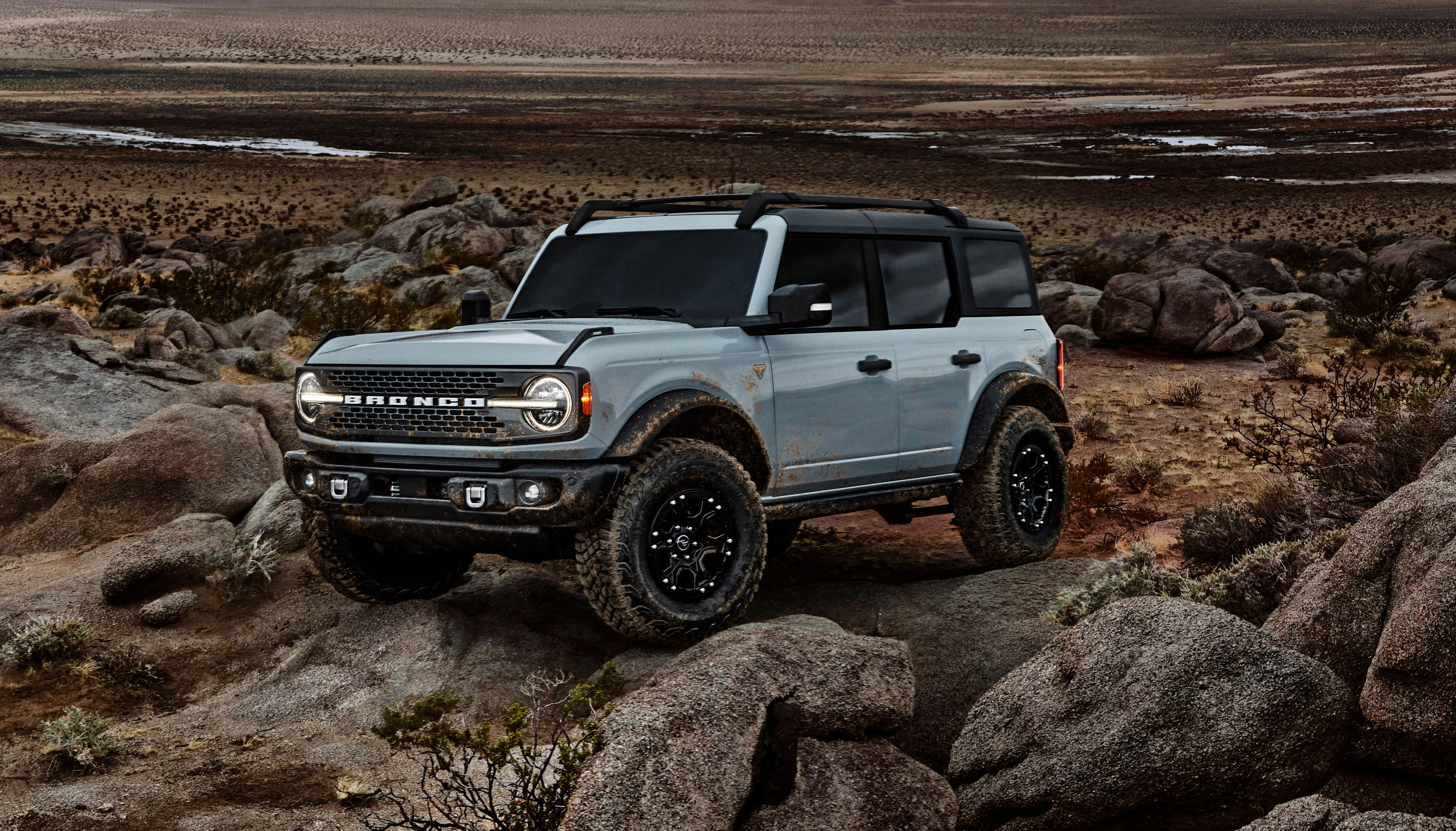 Pre-production 2021 Bronco four-door Badlands Series with available Sasquatch™ Terrain Package in Cactus Grey, Johnson Valley, California.