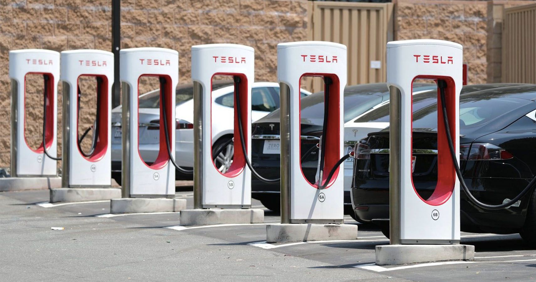 Line Of 6 Tesla Superchargers