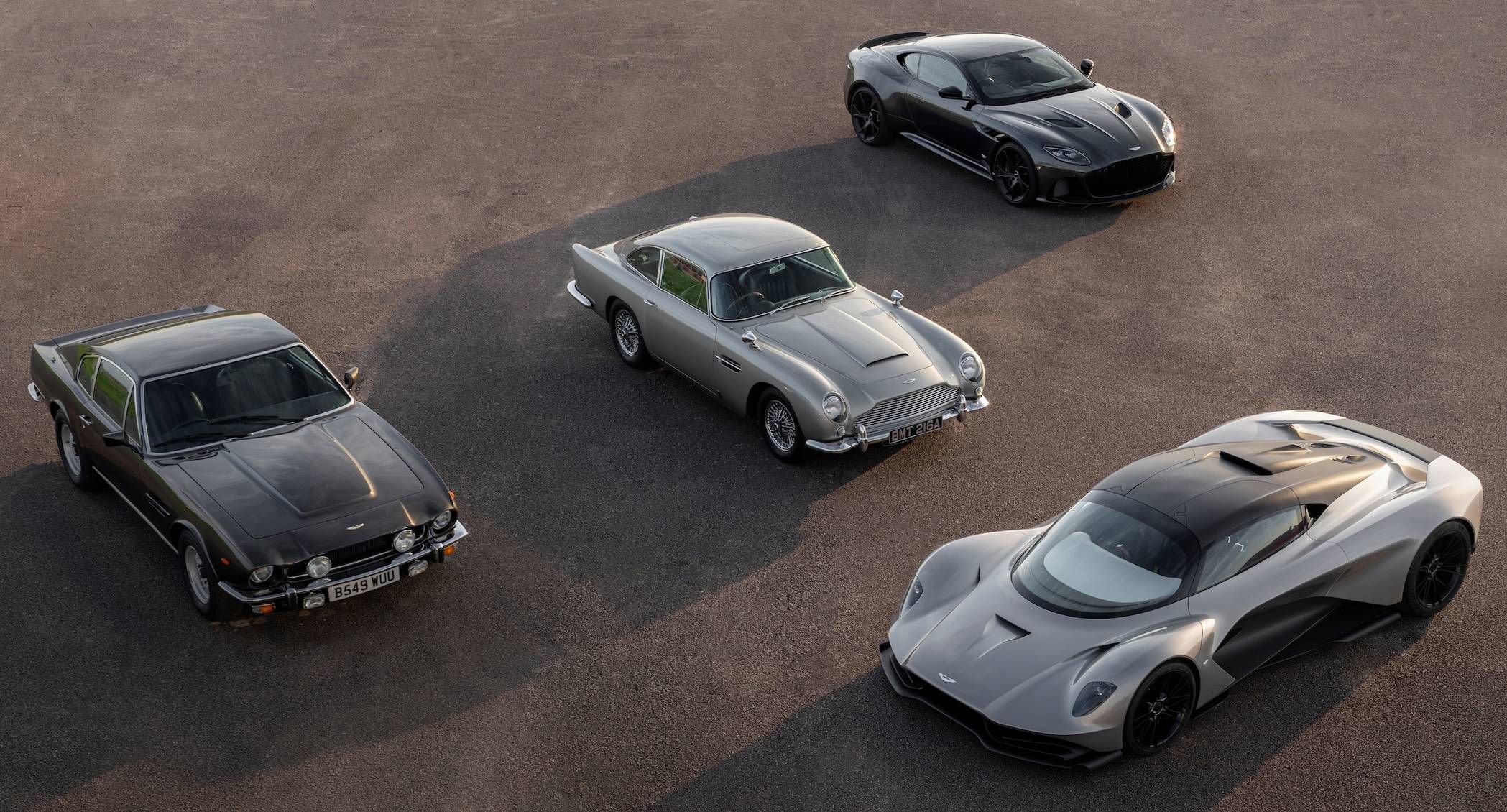 Aston Martin 1964 DB5, 1987 Vantage V8, DBS Superleggura, and Valhalla on set of No Time To Die 007 James Bond