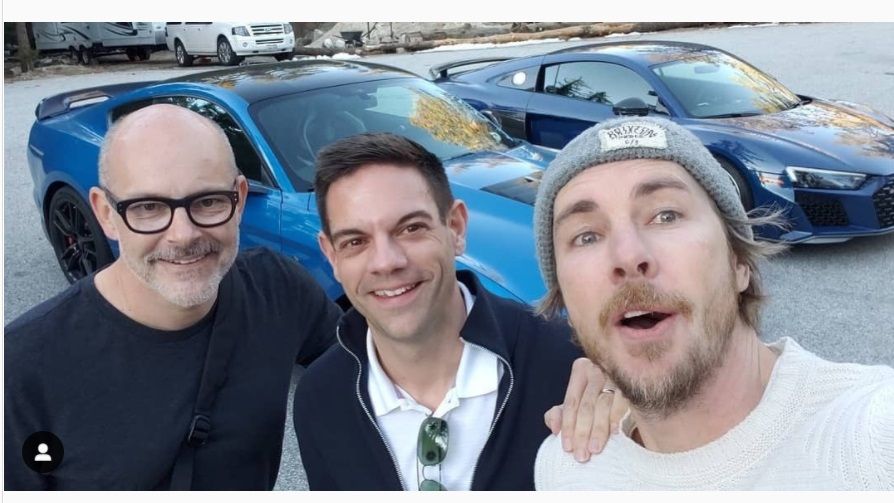 Rob Corddry, Jethro Bovingdon, and Dax Shepard take a selfie while filming Top Gear America.