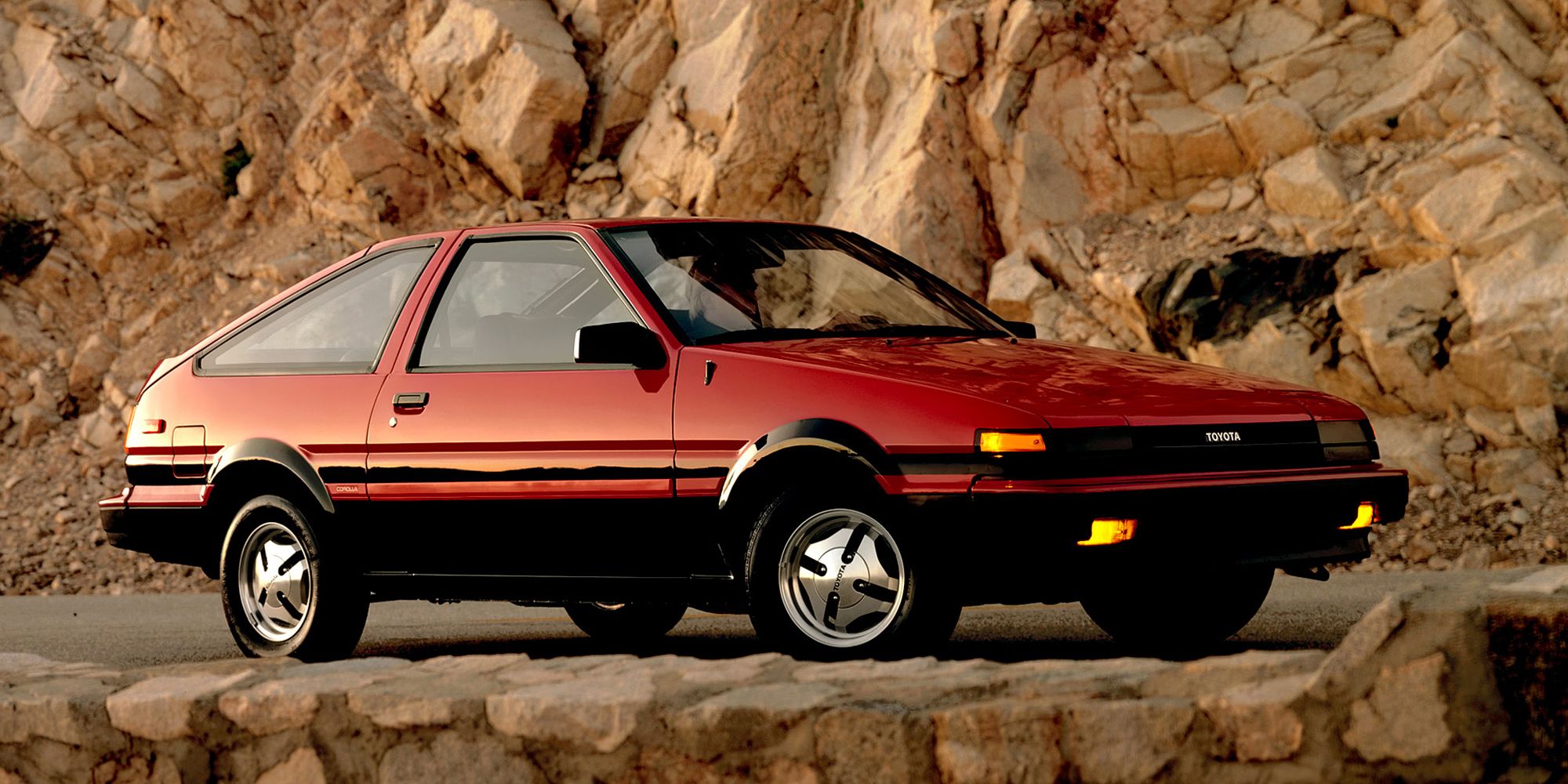 Front 3/4 view of the AE86 in red