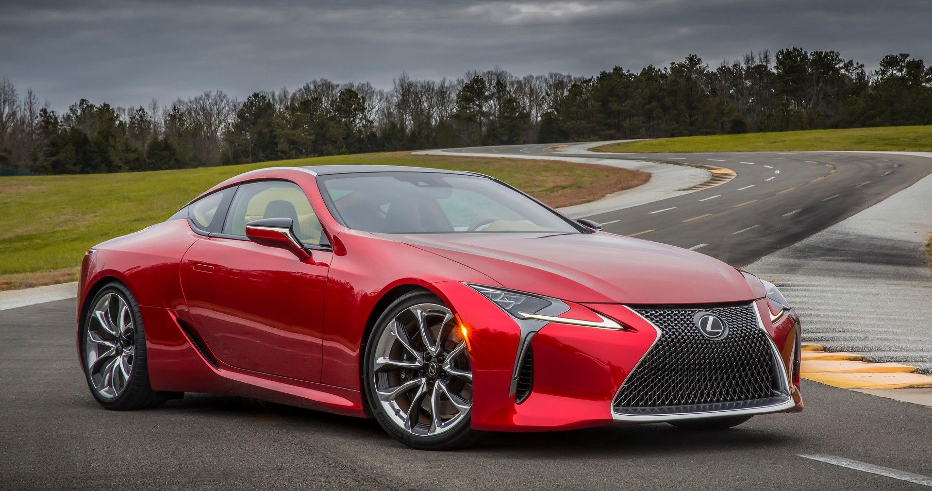 A red Lexus LC500 on track