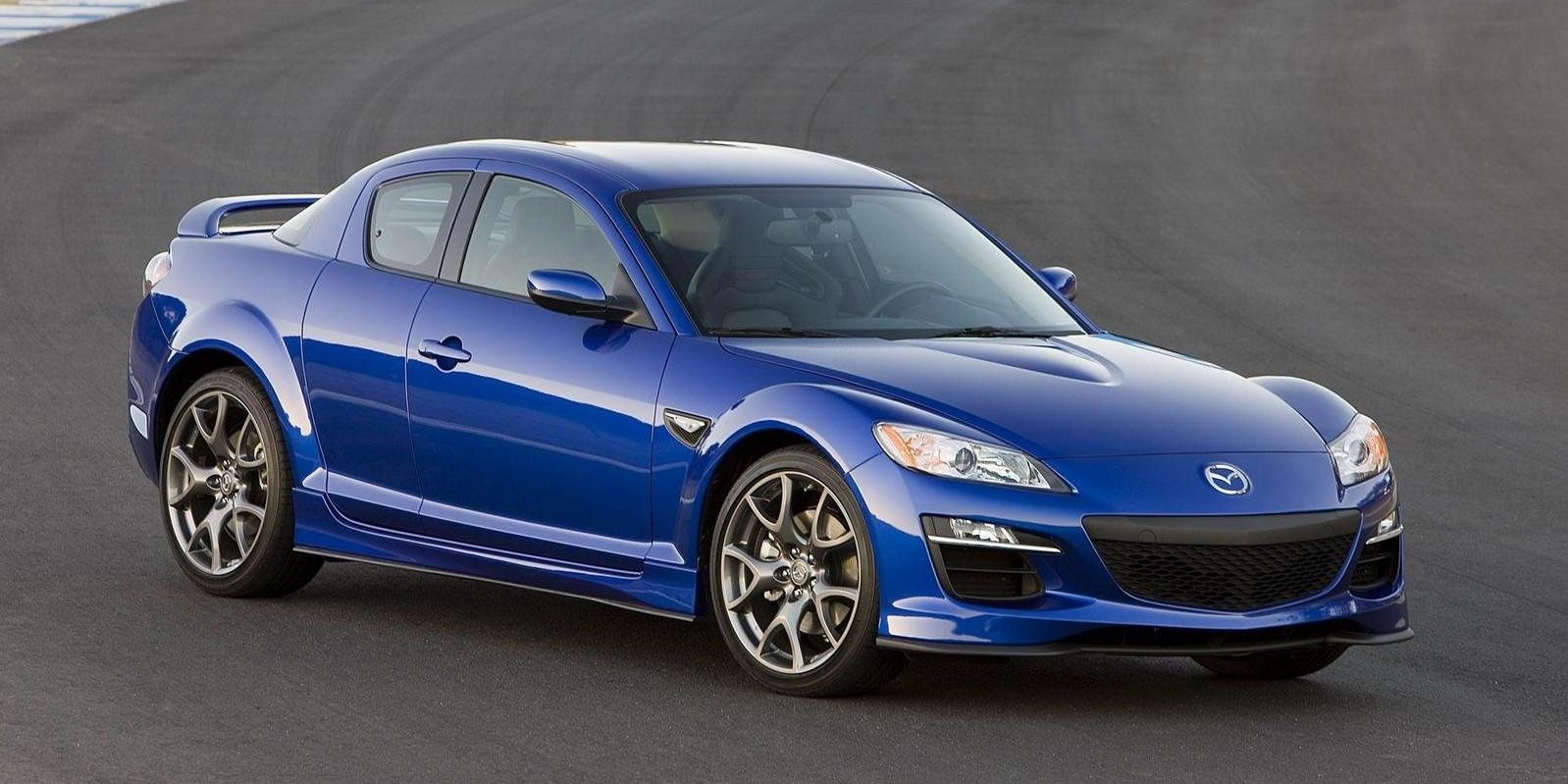 Mazda RX-8 (Blue) parked on the road - Front Top Angle
