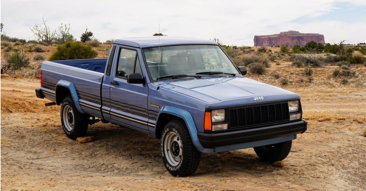 Blue Jeep Comanche in desert