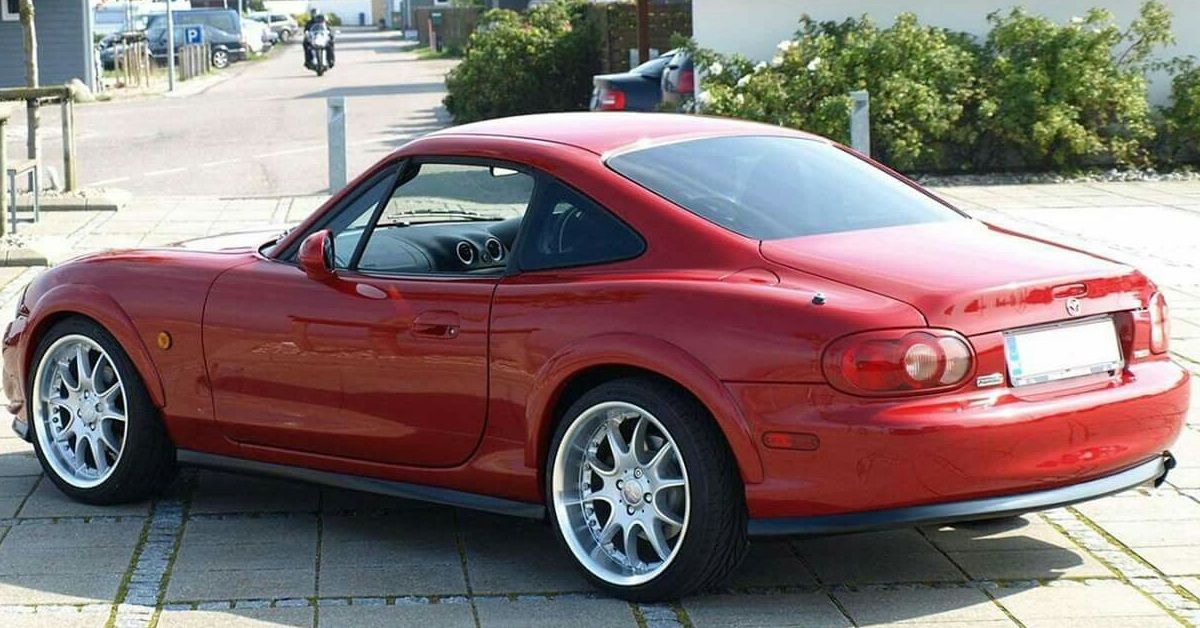 Red Mazda Miata Fastback, back view