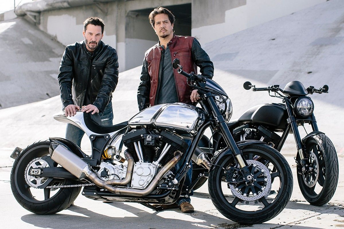 Keanu Reeves and Gard Hollinger with a pair of Arch Motorcycles.