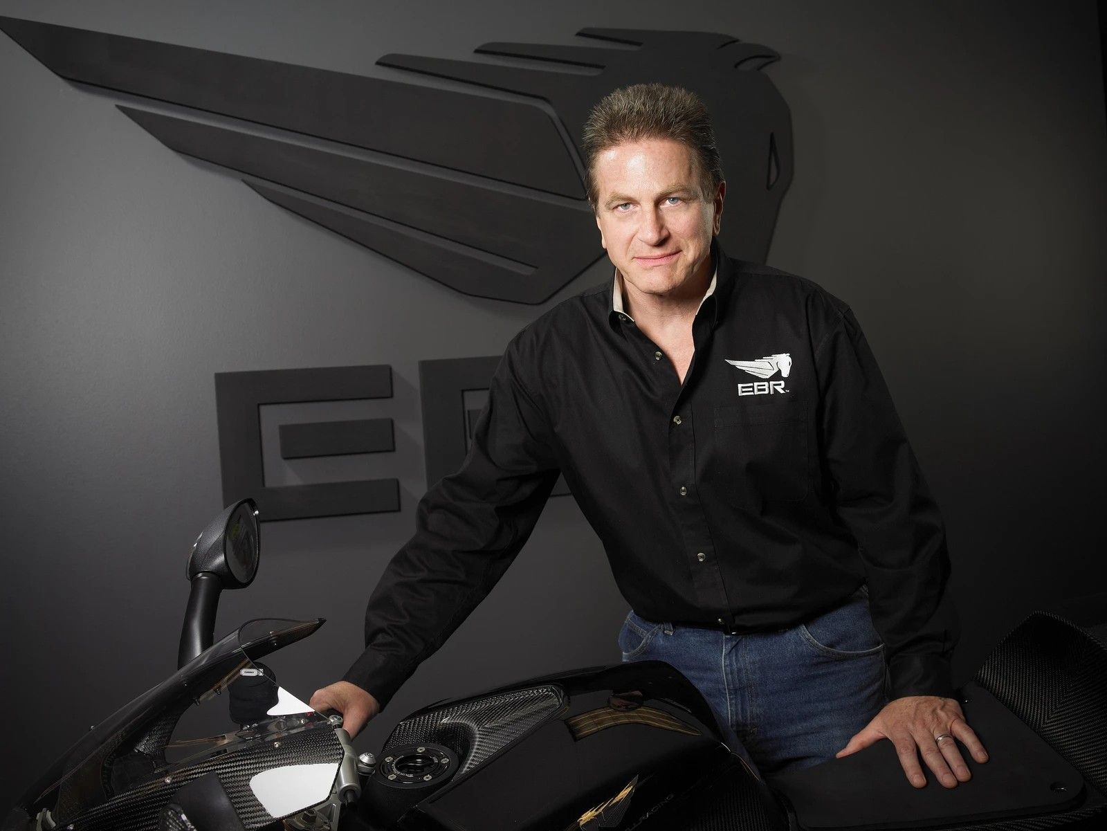 Erik Buell with an EBR motorcycle.