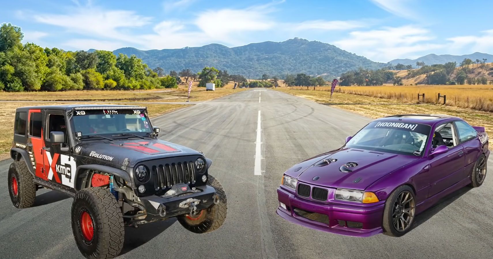 Watch A Hemi-Swapped Jeep Wrangler Race The Hoonigan's LS-Swapped BMW M3