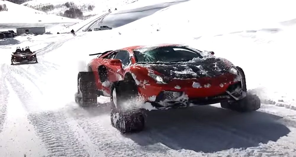 Lamborghini on snow tracks completes a grueling run on Utah slopes