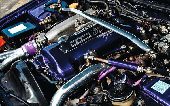A photo of the engine inside a Nissan Silvia S14 sports coupe