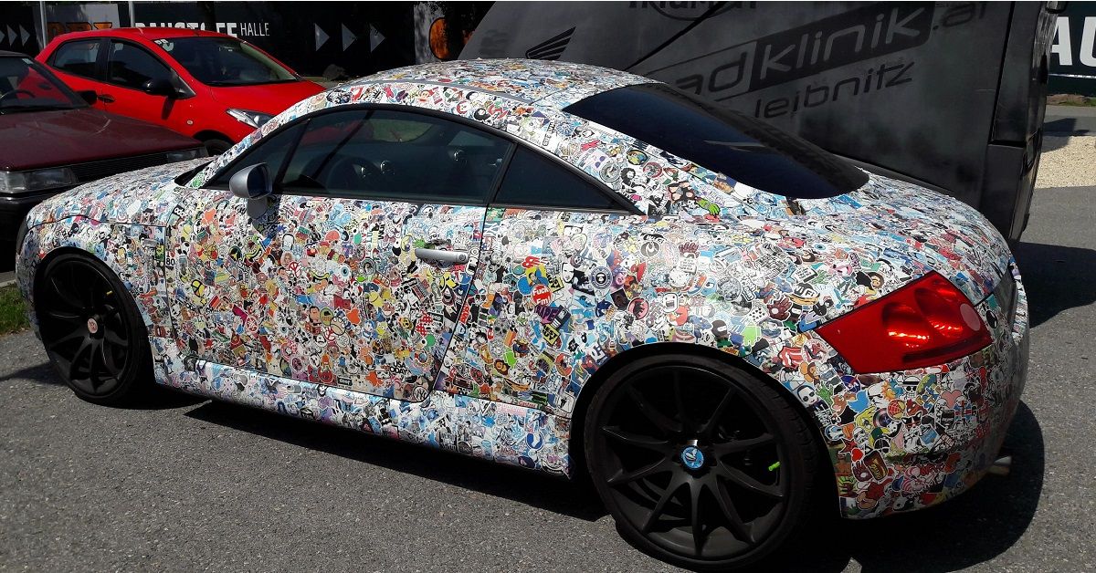 side and back view of a sticker bombed car