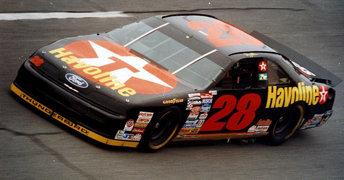 The NASCAR Texaco Havoline Ford driven by Davey Allison on the track.