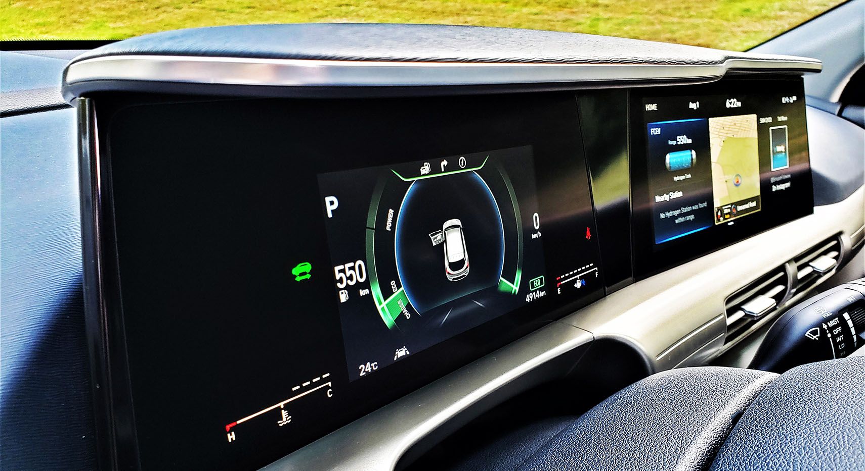 The dual-display gauge cluster and infotainment system is similar in design to Mercedes' MBUX system.