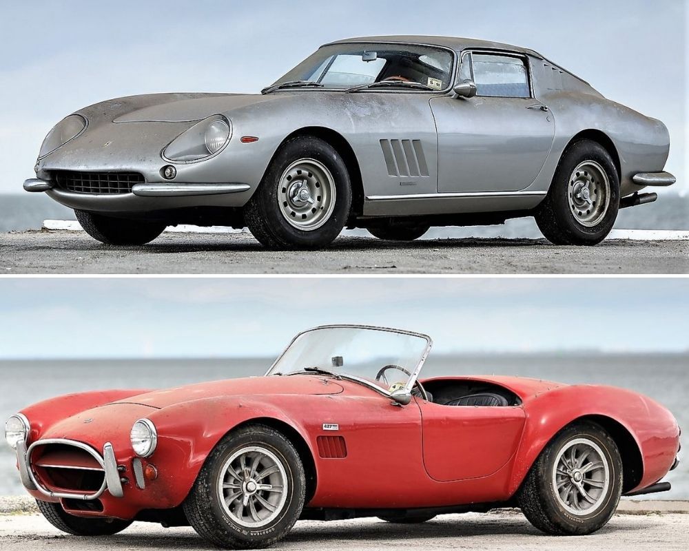 1966 Ferrari 275 and 1967 Shelby Cobra in front of water