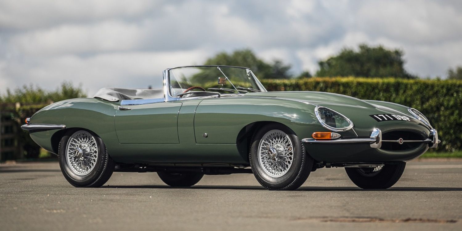 Front 3/4 view of a green E-Type Roadster