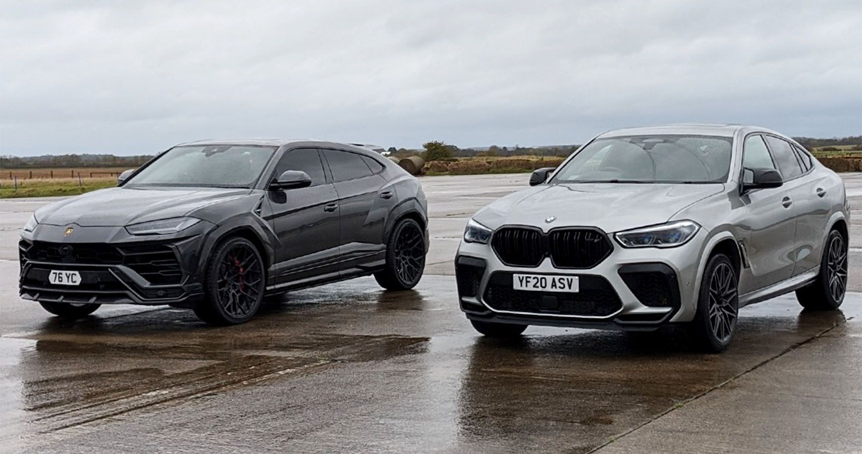 Watch A Lambo Urus Drag Race A BMW X6M Competition On A Wet Airstrip