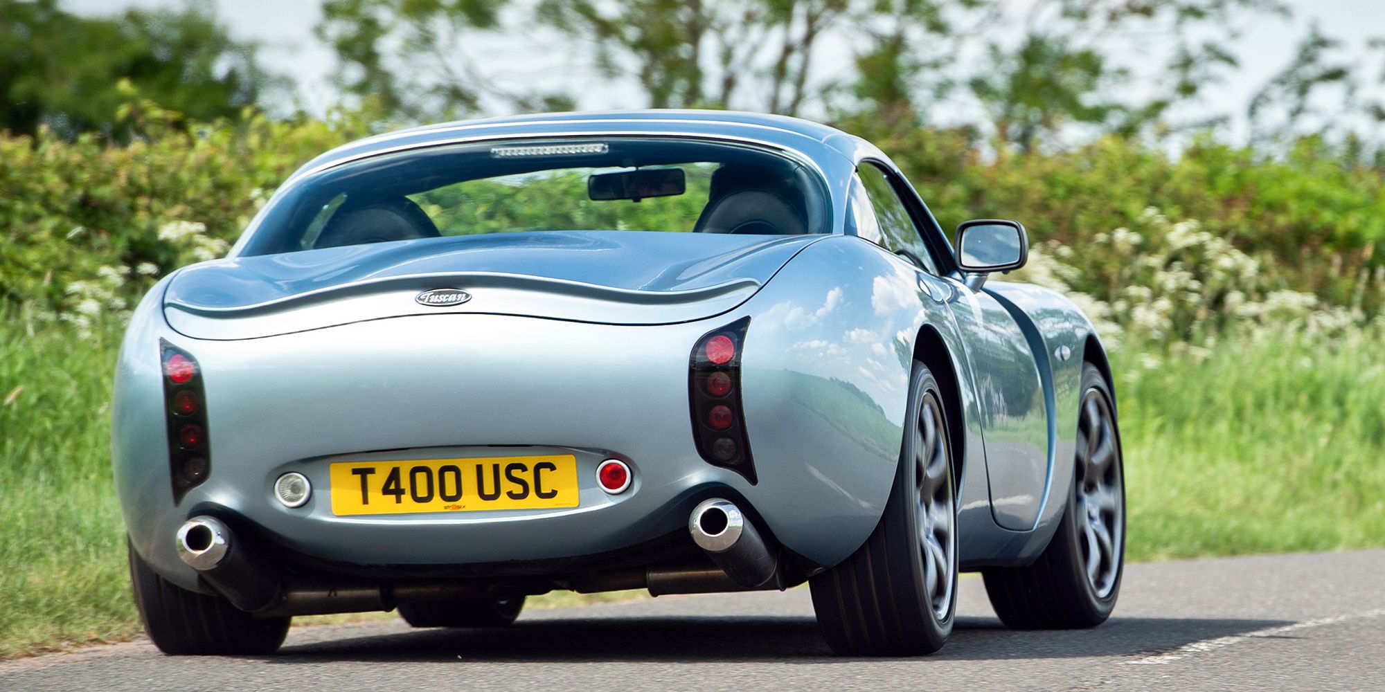 The rear of the TVR Tuscan on the move